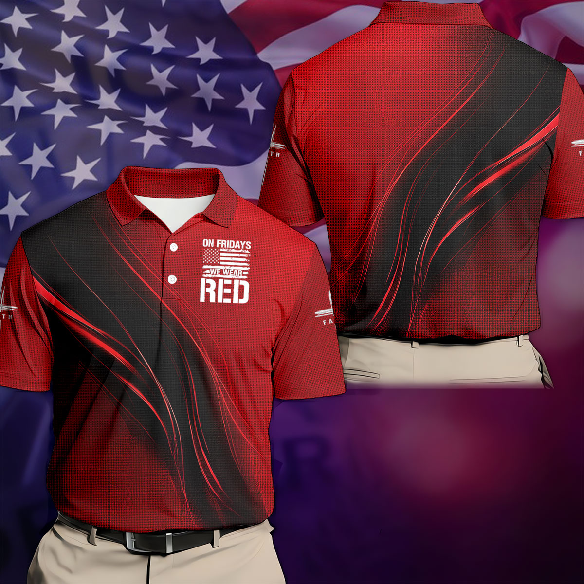 On Friday We Wear Red Faith Cross Red Black Gradient Patriotic Golf Shirt, 250 Years Polo Shirts For Men
