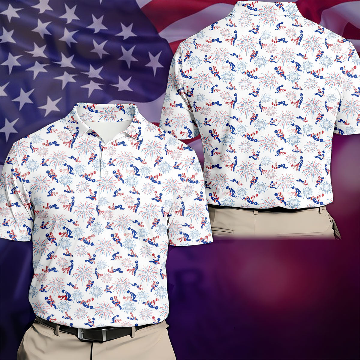 US Flag Pattern Naughty Couple Stick Figures Funny Golf Shirt, 250 Years Golf Shirts For Men
