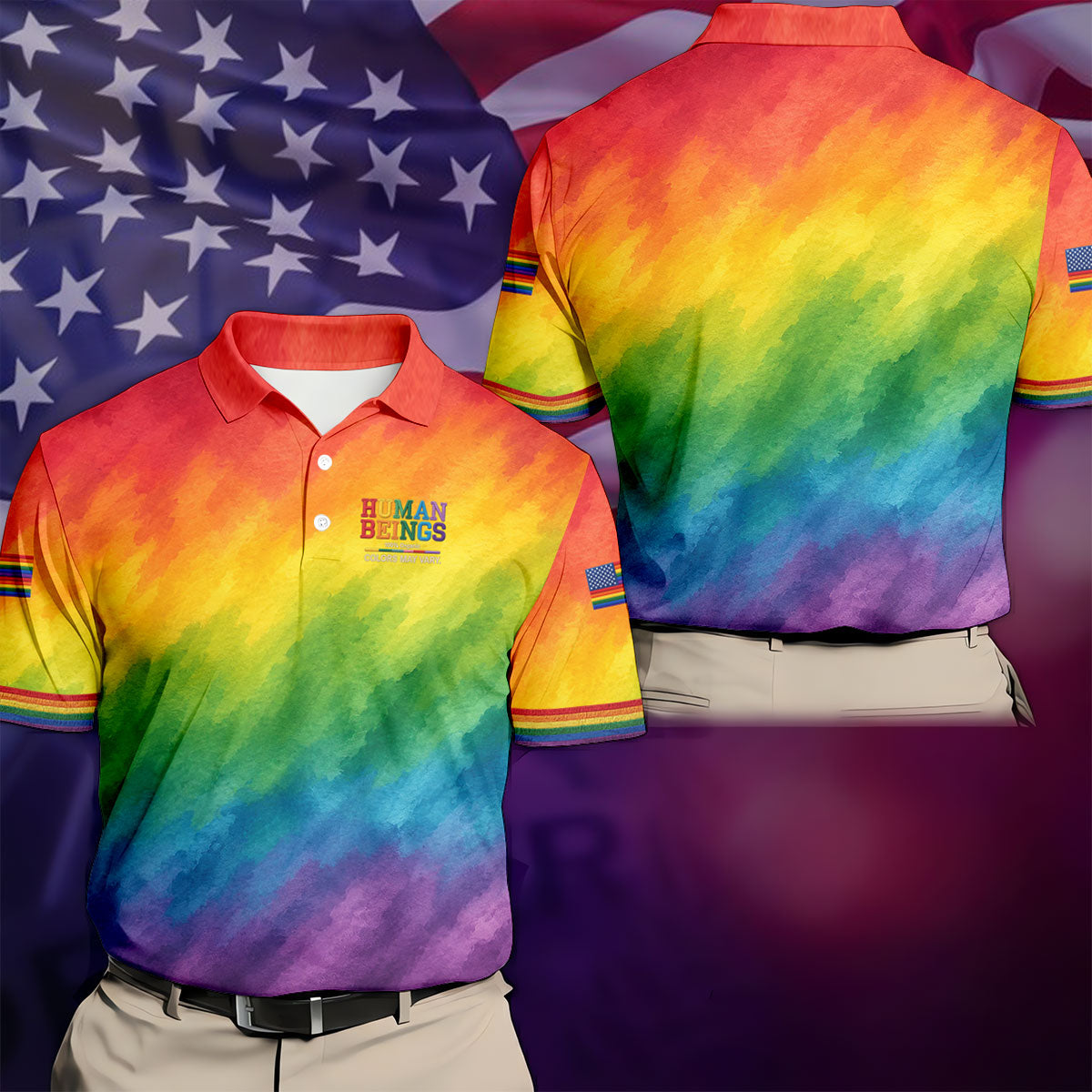 Human Beings LGBT Rainbow Golf Tops For Men, LGBT Pride Month Gradient Watercolor Polo Shirts For Men