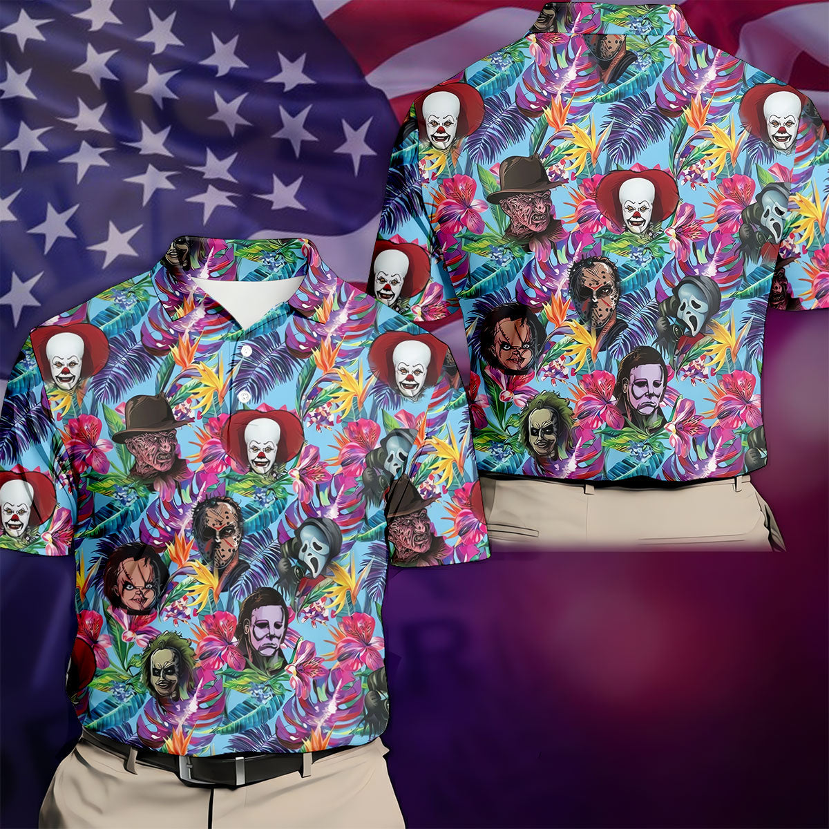 Tropical Horror Character Halloween Golf Shirt, Mens Golf Shirts, Golf Polo Shirts For Men