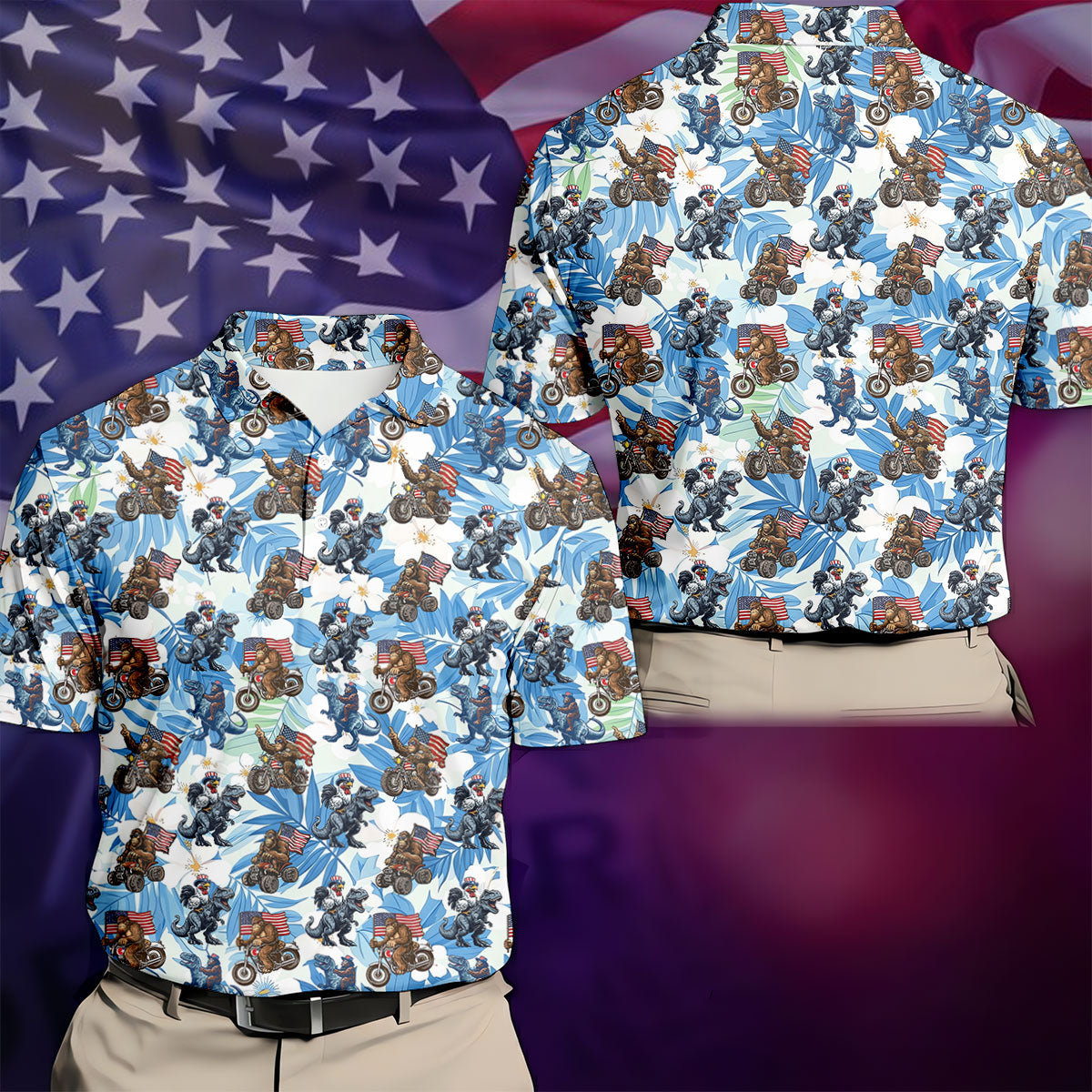 Patriotic Bald Eagle Funny T-Rex Bigfoot Hawaiian Golf Shirt, 250 Years 4th Of July Golf Shirts For Men