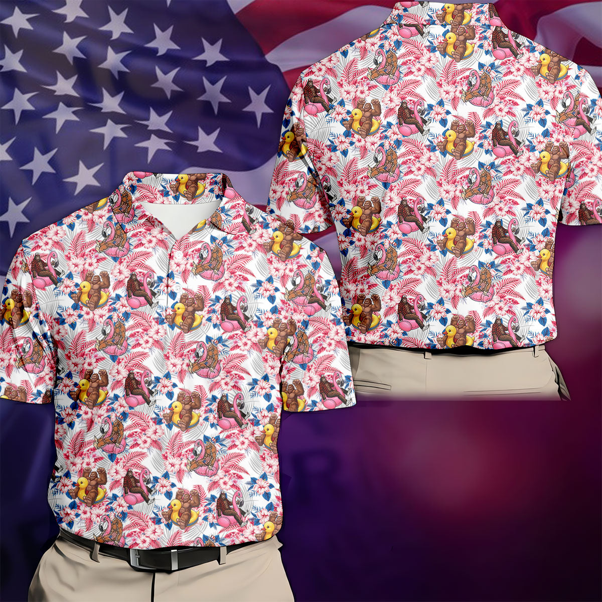 Funny Bigfoot Pool Party Hawaiian Golf Shirt, Red White Blue Tropical Flamingo Golf Shirts For Men
