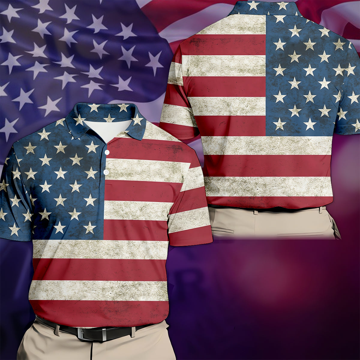 Distressed US Flag Golf Shirt, 250 Years Patriotic 4th Of July Golf Shirts For Men