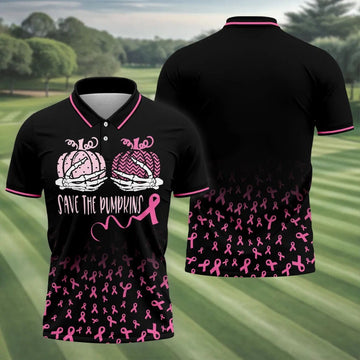 Save The Pumpkins Skeleton Breast Cancer Polo Shirt, Mens Golf Polo, Printed Golf Shirts