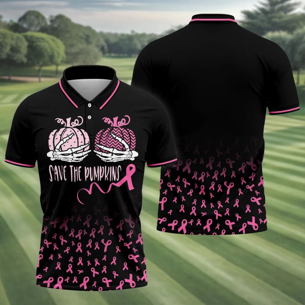 Save The Pumpkins Skeleton Breast Cancer Polo Shirt, Mens Golf Polo, Printed Golf Shirts