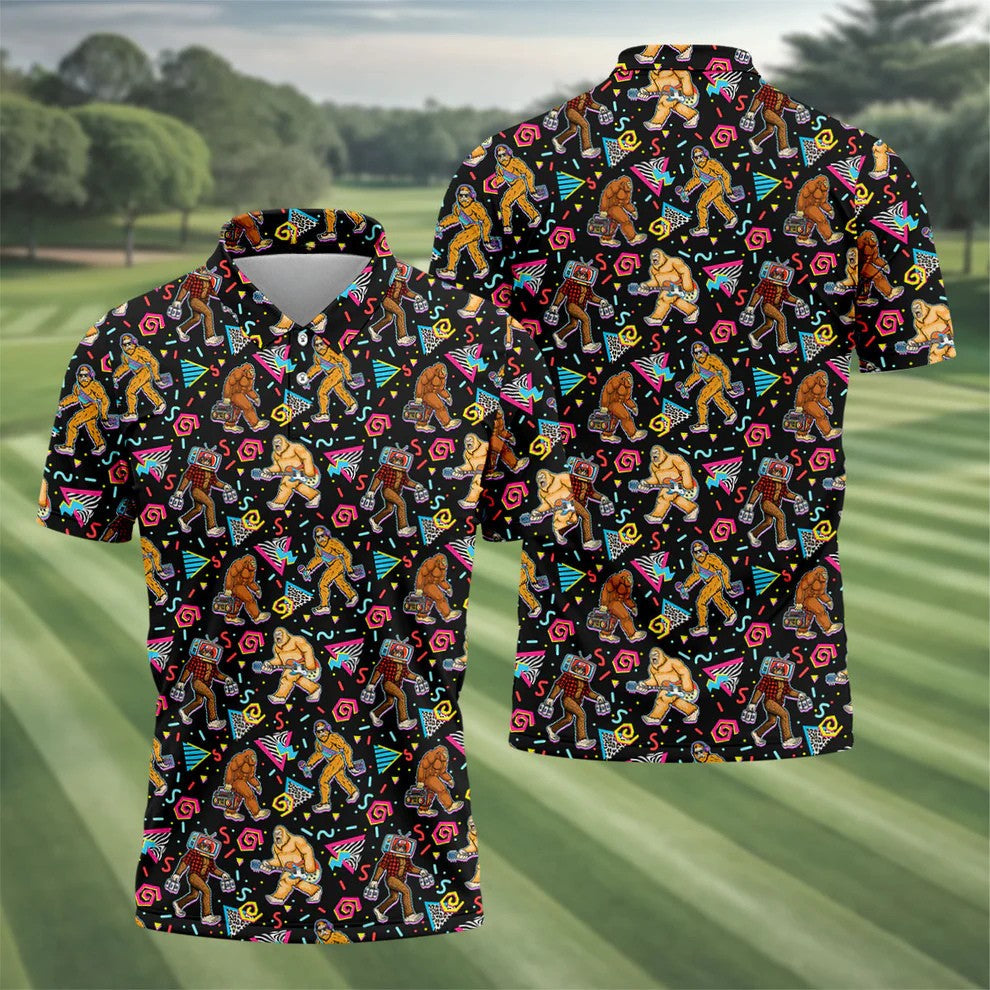 Retro Bigfoot Monkey Guitar Boombox Golf Shirt, Polo Shirts For Men, Mens Golf Apparel, Golf Polo Shirts For Men