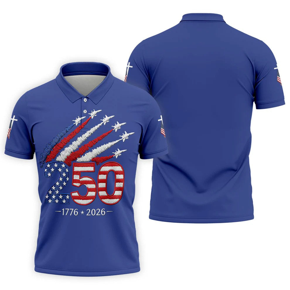 Flying Fighter Jets Faith Cross Patriotic 4th Of July Blue Golf Shirt, 250 Years Golf Shirts For Men