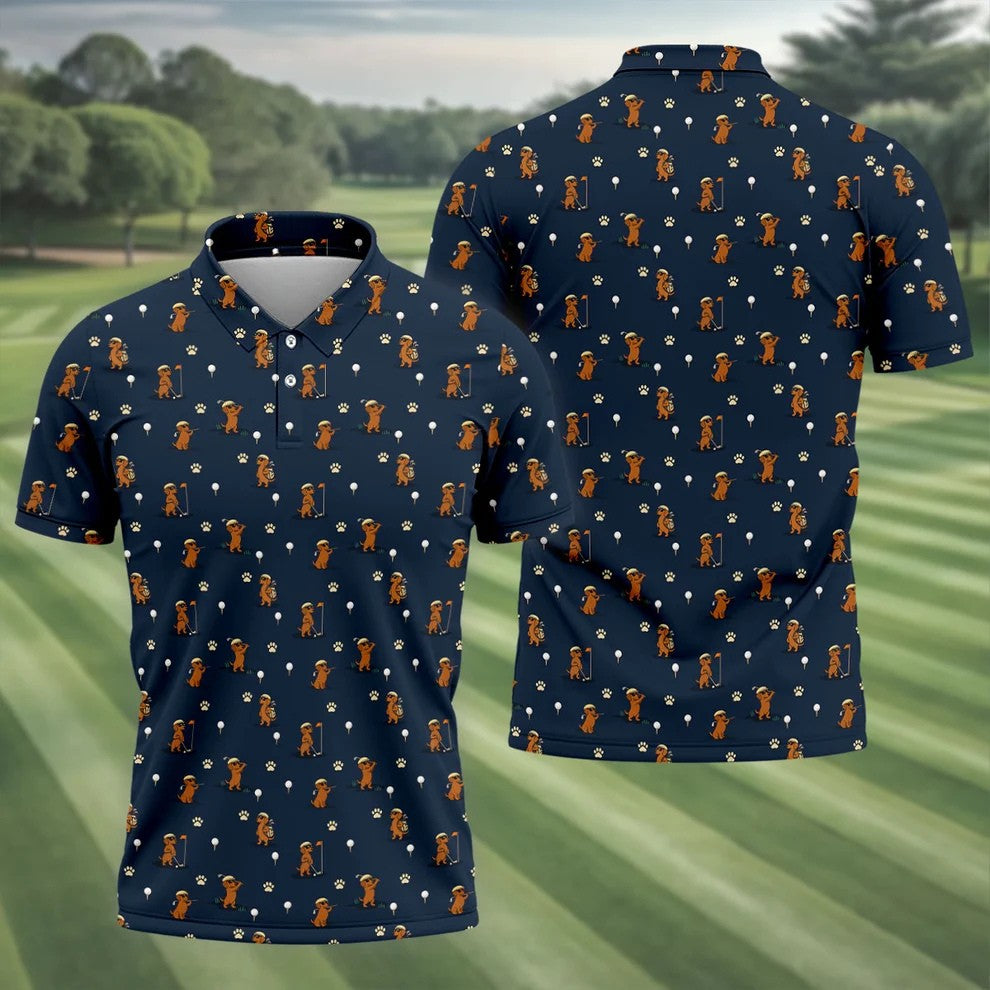Cartoon Dachshund Golfer Pattern Golf Polo Shirt, Men's Golf Shirt, Golf Apparel For Men
