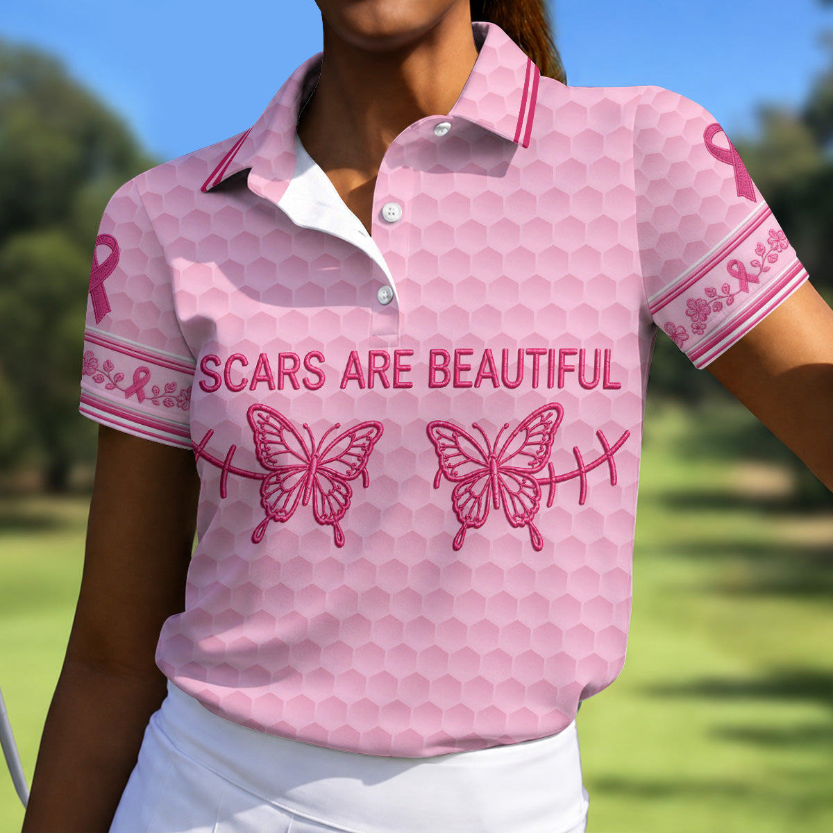 Scars Are Beautiful Butterfly Breast Cancer Golf Polo Shirt, Women’s Golf Tops, Ladies Golf Shirt