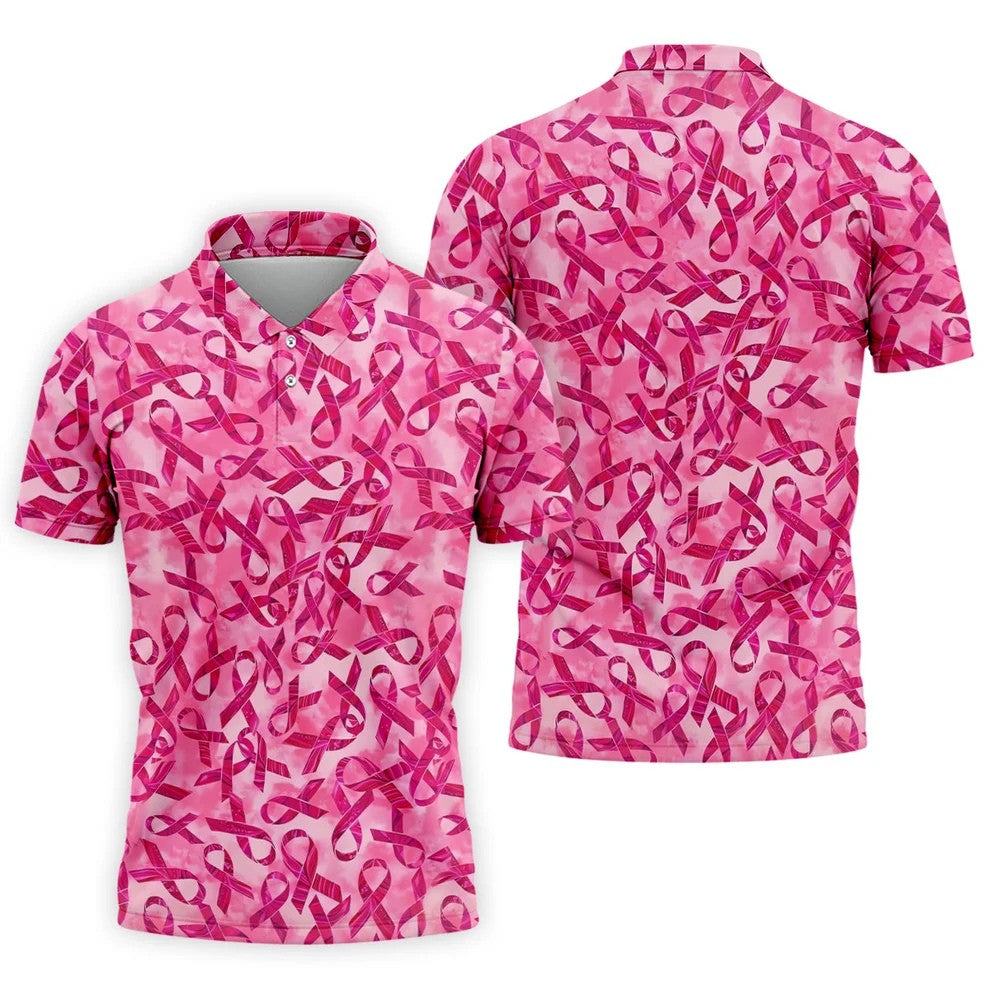 Pink Ribbon Breast Cancer Pattern Polo Shirt, Hawaiian Golf Shirt, Golf Shirts For Men