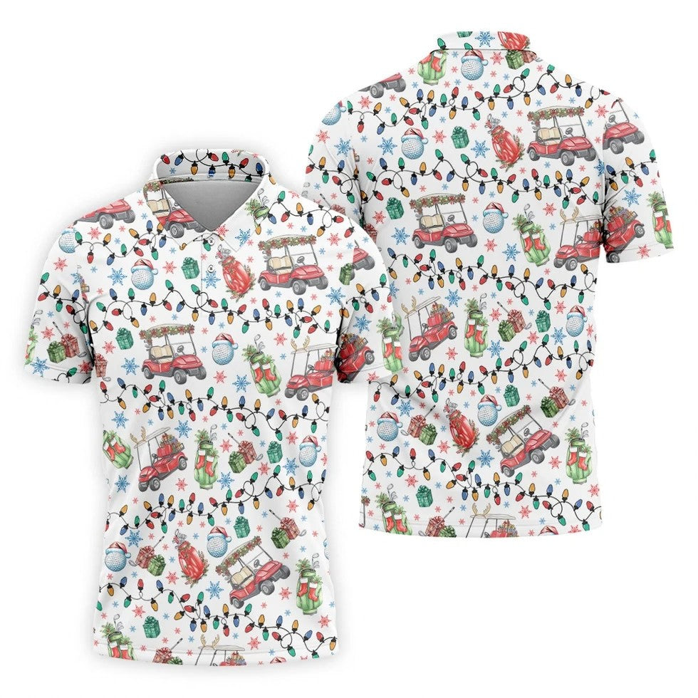 Golf Cart Christmas Lights Polo Shirts For Men, Christmas Golf Shirt, Golf Lover Xmas Gift