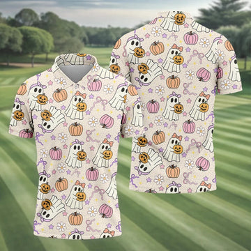 Halloween Seamless Pattern Cute Golf Shirt, Retro Halloween Polo ShirtFor Men, Golfing Apparel