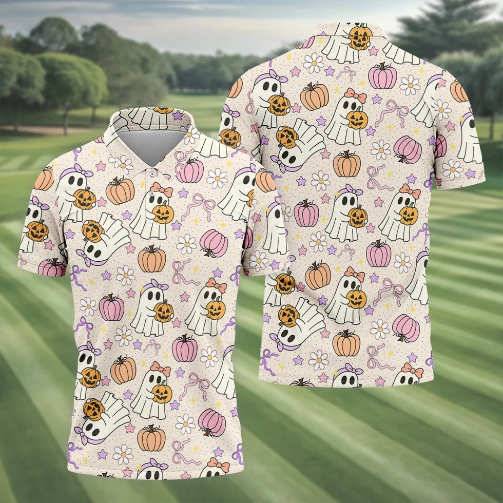 Halloween Seamless Pattern Cute Golf Shirt, Retro Halloween Polo ShirtFor Men, Golfing Apparel