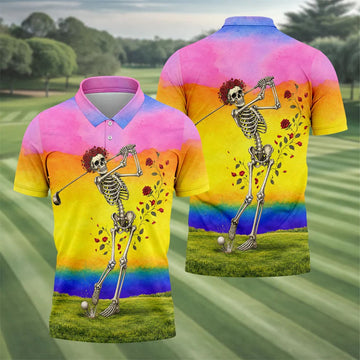 Rainbow Skeleton Golfer Golf Polo Shirt, Mens Golf Shirts, Hawaiian Golf Shirt