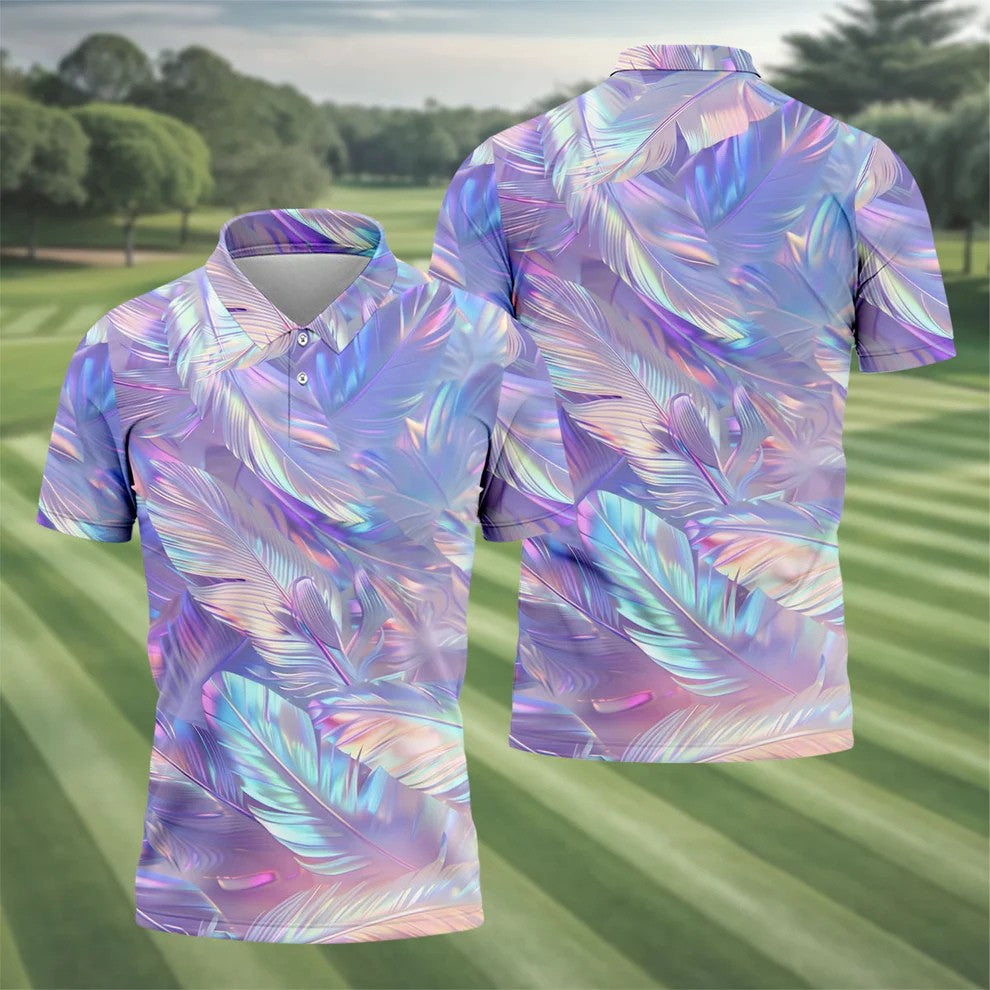 Pastel Gradient Feather Hawaiian Golf Shirt, Golf Tops For Men, Golf Shirts For Men