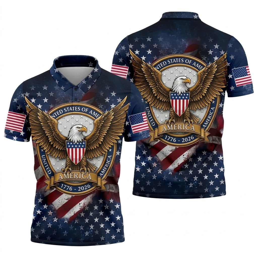 250th Anniversary USA Bald Eagle Distressed Golf Shirt, Patriotic 4th Of July Golf Shirts For Men