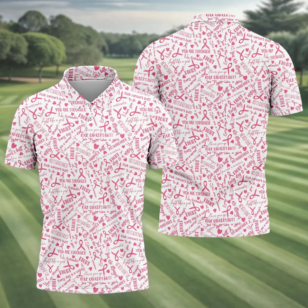 Never Give Up Breast Cancer Quote Polo Shirt, Men's Golf Shirt, Mens Golf Apparel