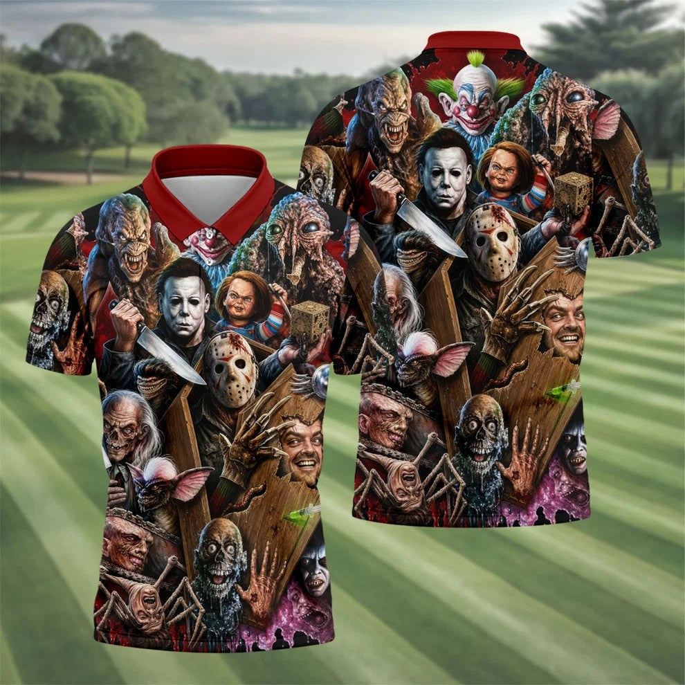 Classic Horror Character Halloween Golf Shirt, Mens Golf Apparel, Hawaiian Golf Shirt