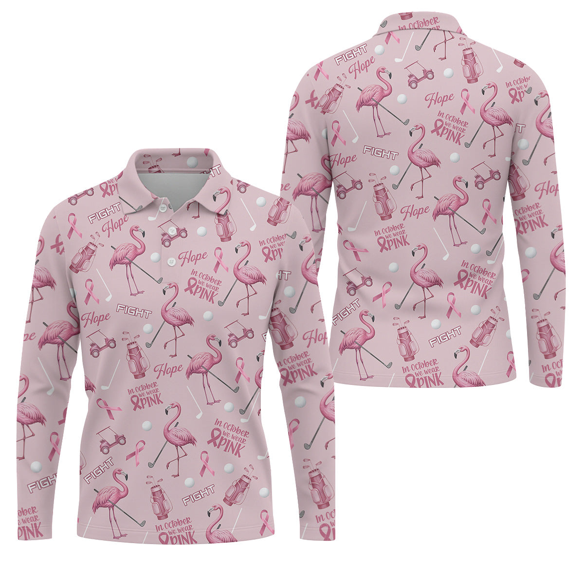 Funny Flamingo Pink Ribbon Men's Polo ShirtBreast Cancer Awareness Shirt, Golf Shirts For Men