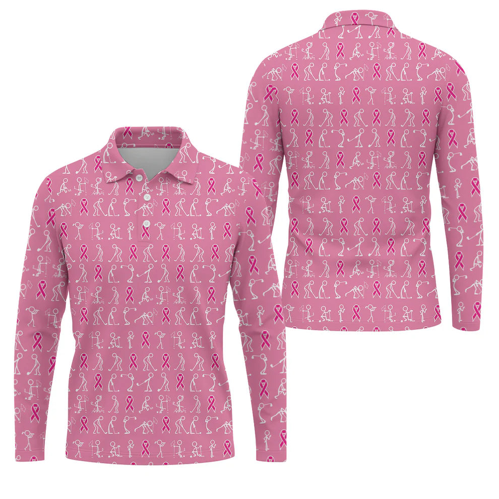 Funny Stick Figure Men's Golf Shirt, Breast Cancer Awareness Shirt, Pink Golf Shirt, Golf Shirts For Men