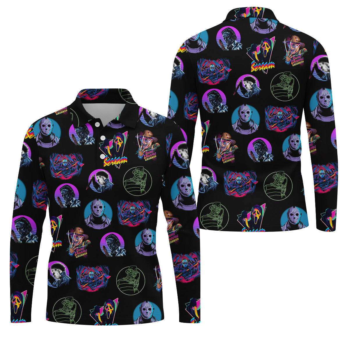Funny Horror Character Men's Golf Shirt, Horror Character Neon Shirt, Halloween Golf Shirt, Men's Halloween Shirts