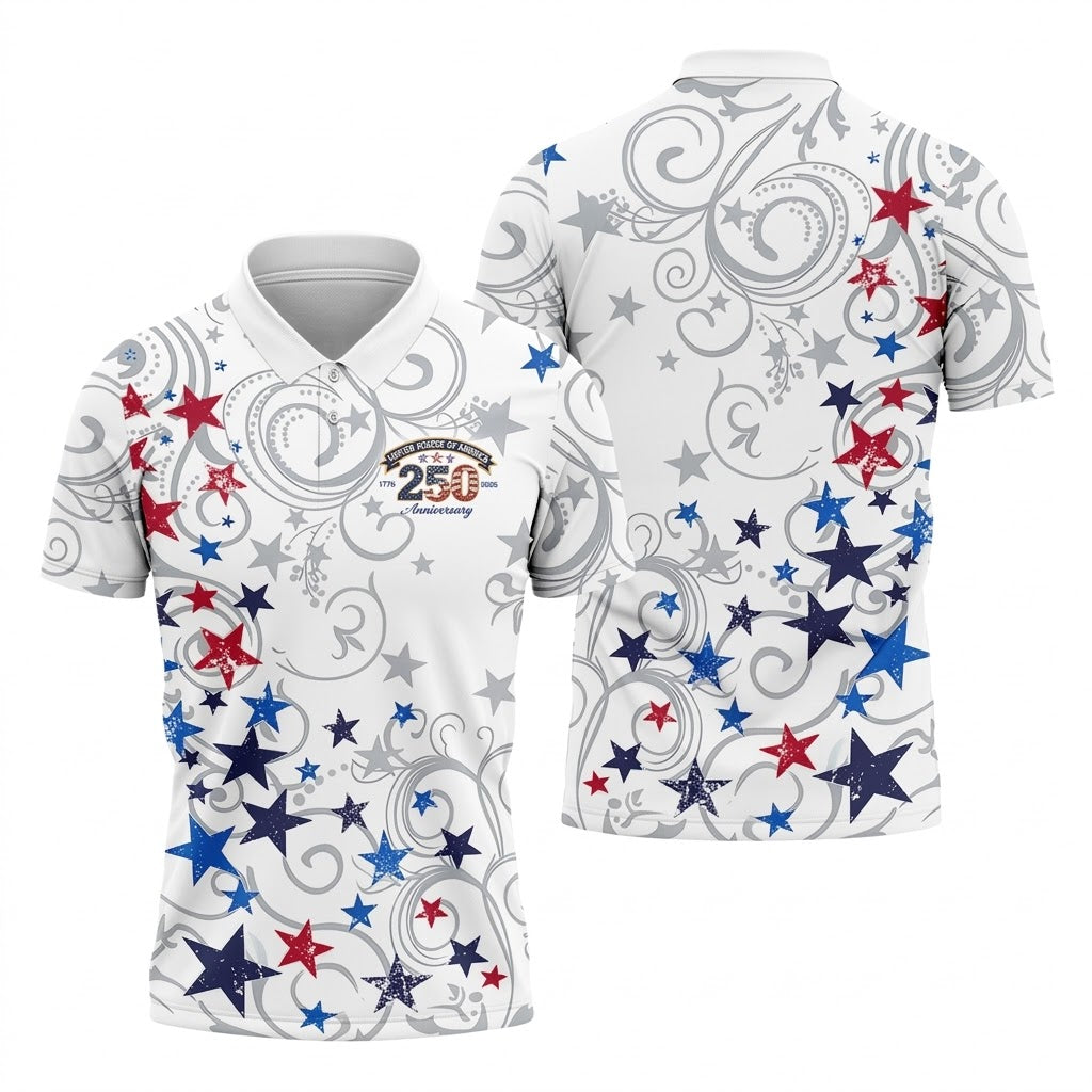 United States Of America 250 Anniversary Patriotic 4th Of July Golf Shirt, Red Blue Stars Golf Shirts For Men