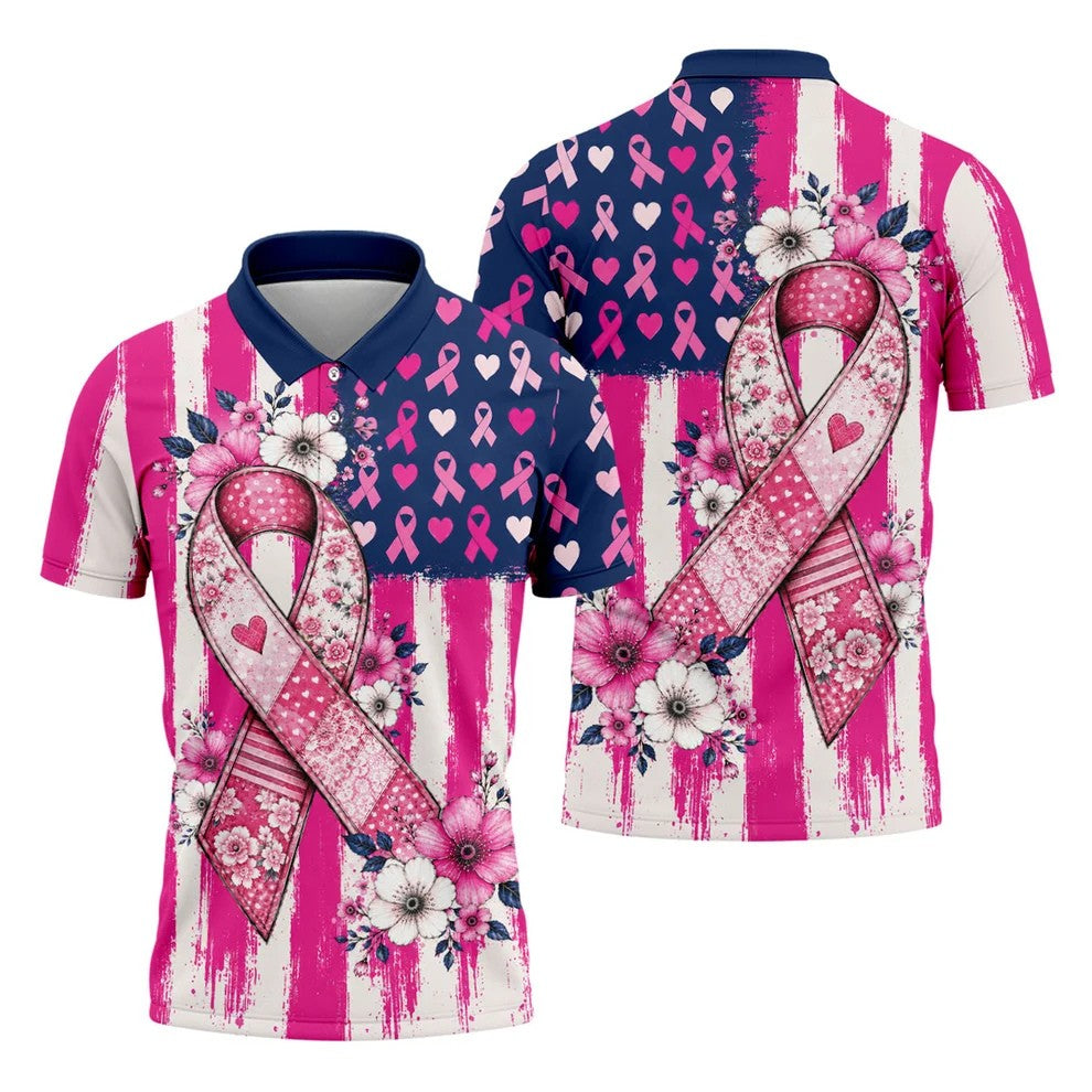 American Flag Pink Breast Cancer Awareness Golf Polo Shirt, Mens Golf Polo, Golf Shirts For Men