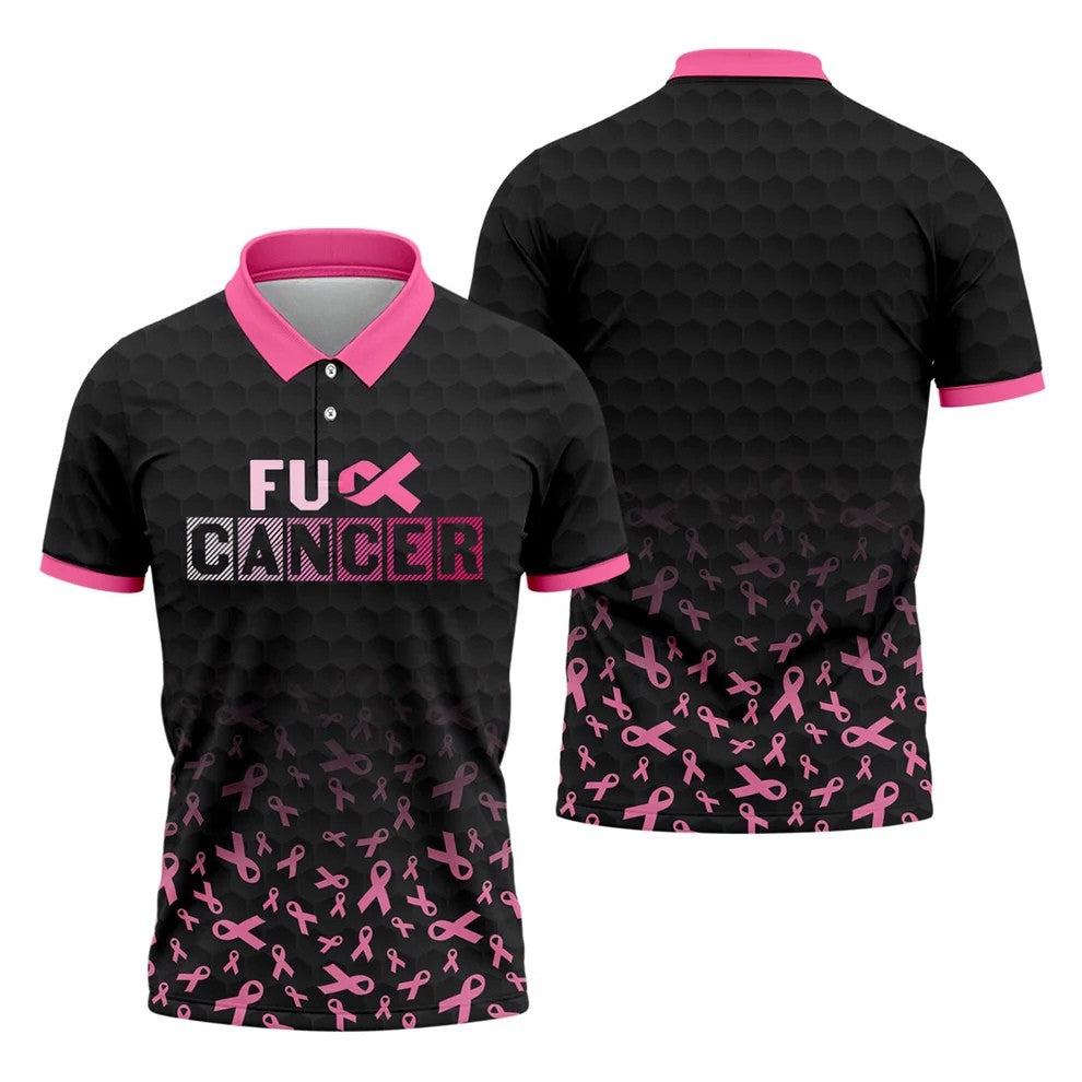 Fuck Cancer Black Pink Ribbon Breast Cancer Polo Shirt, Men's Golf Shirt, Mens Golf Polo