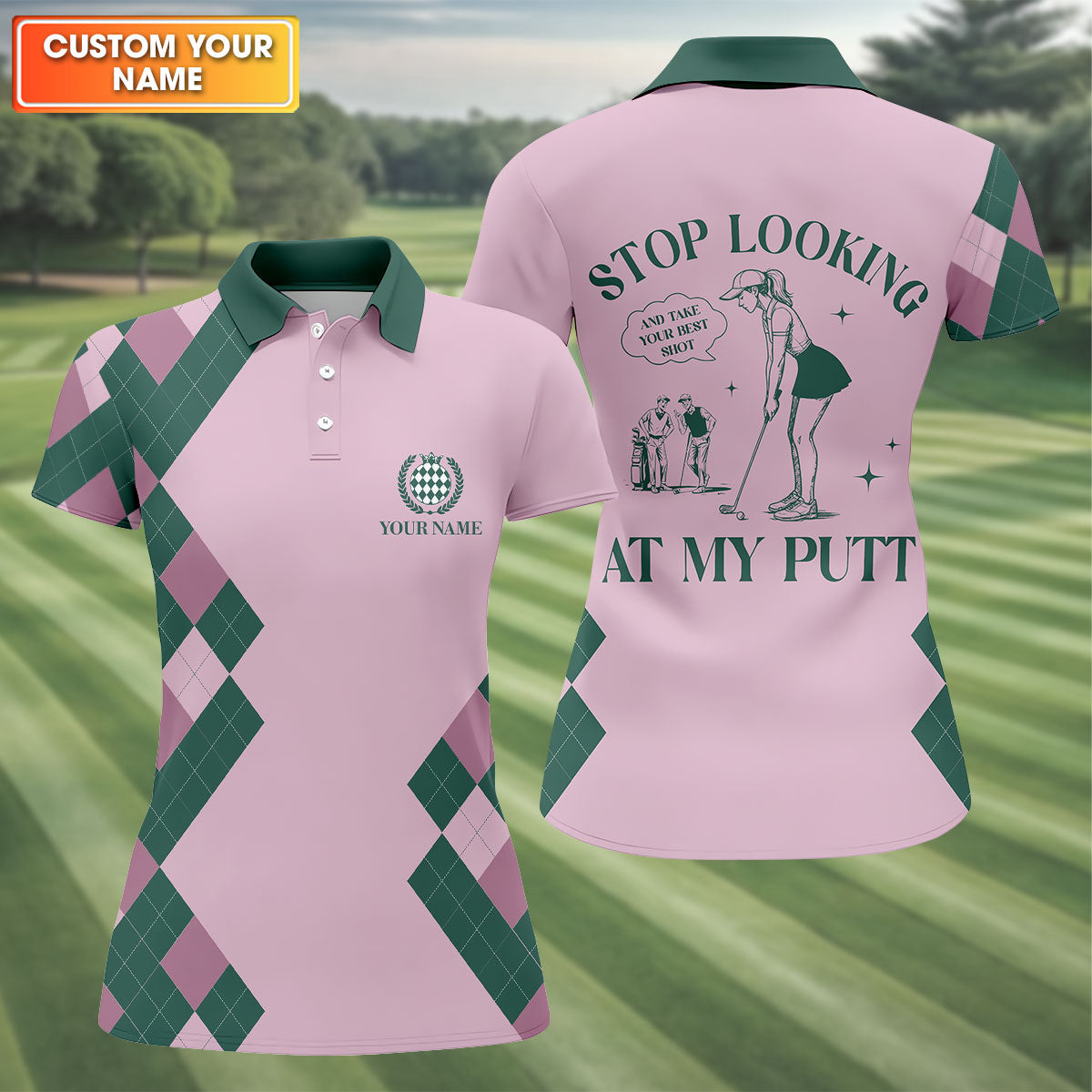 Stop Looking At My Putt Custom Sleeveless Womens Golf Polo Shirts, Funny Golf Shirts For Ladies
