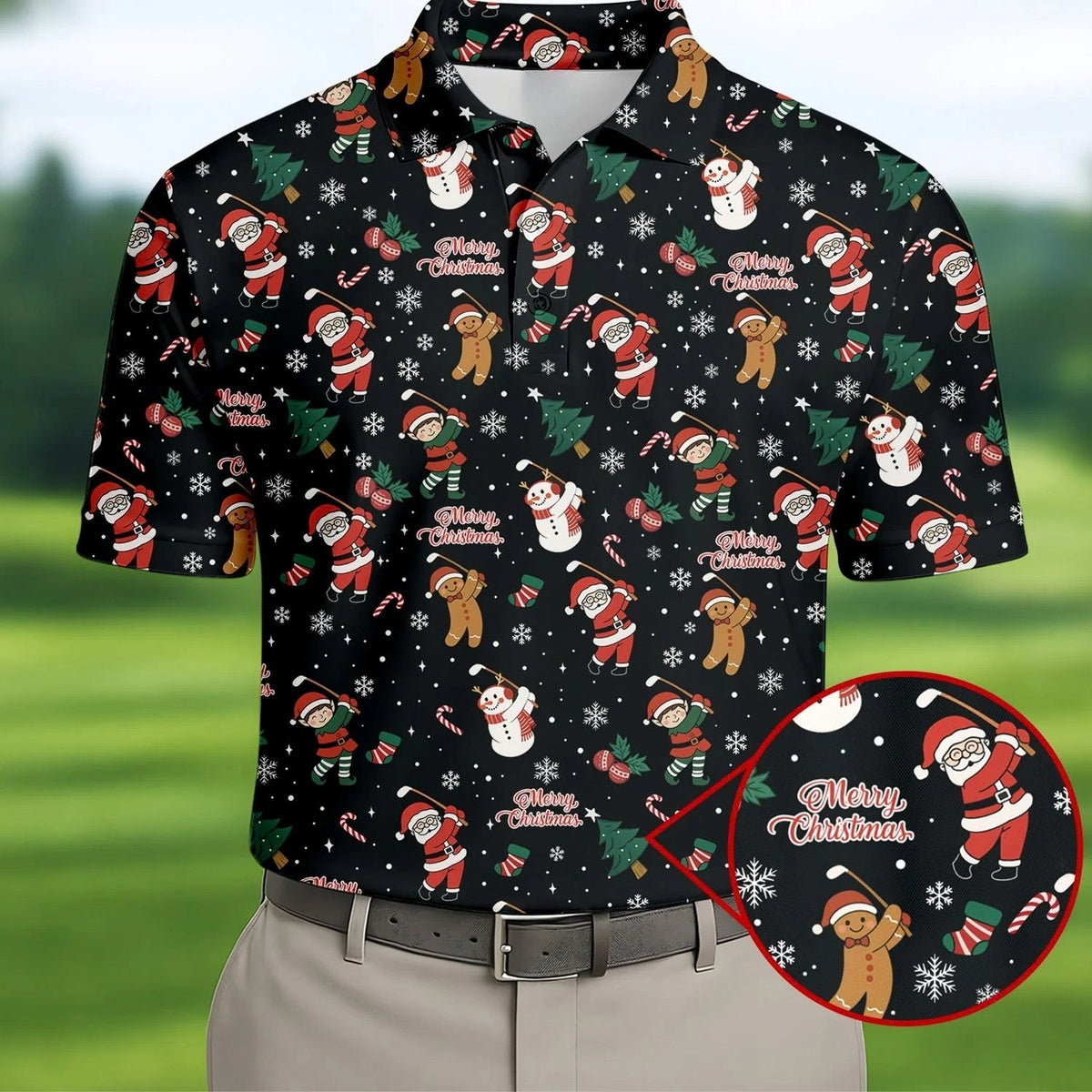 Merry Xmas Santa Gingerbread Snowman Golf Tops For Men, Christmas Golf Shirt, Fun Golf Shirts For Men