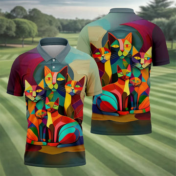 Abstract Colorful Cat Halloween Golf Polo Shirt, Men's Golf Shirt, Hawaiian Golf Shirt