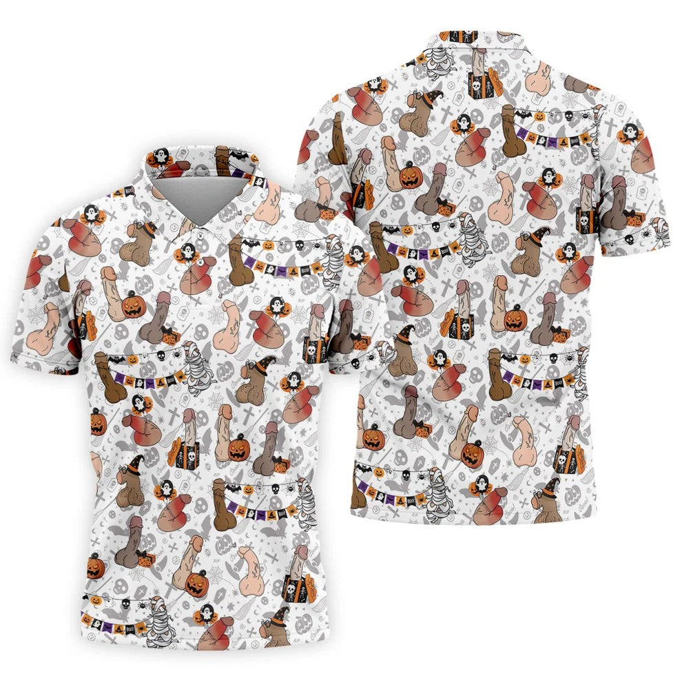 Funny Adult Halloween Pattern Hawaiian Polo Shirt, Polo Shirts For Men, Mens Golf Apparel