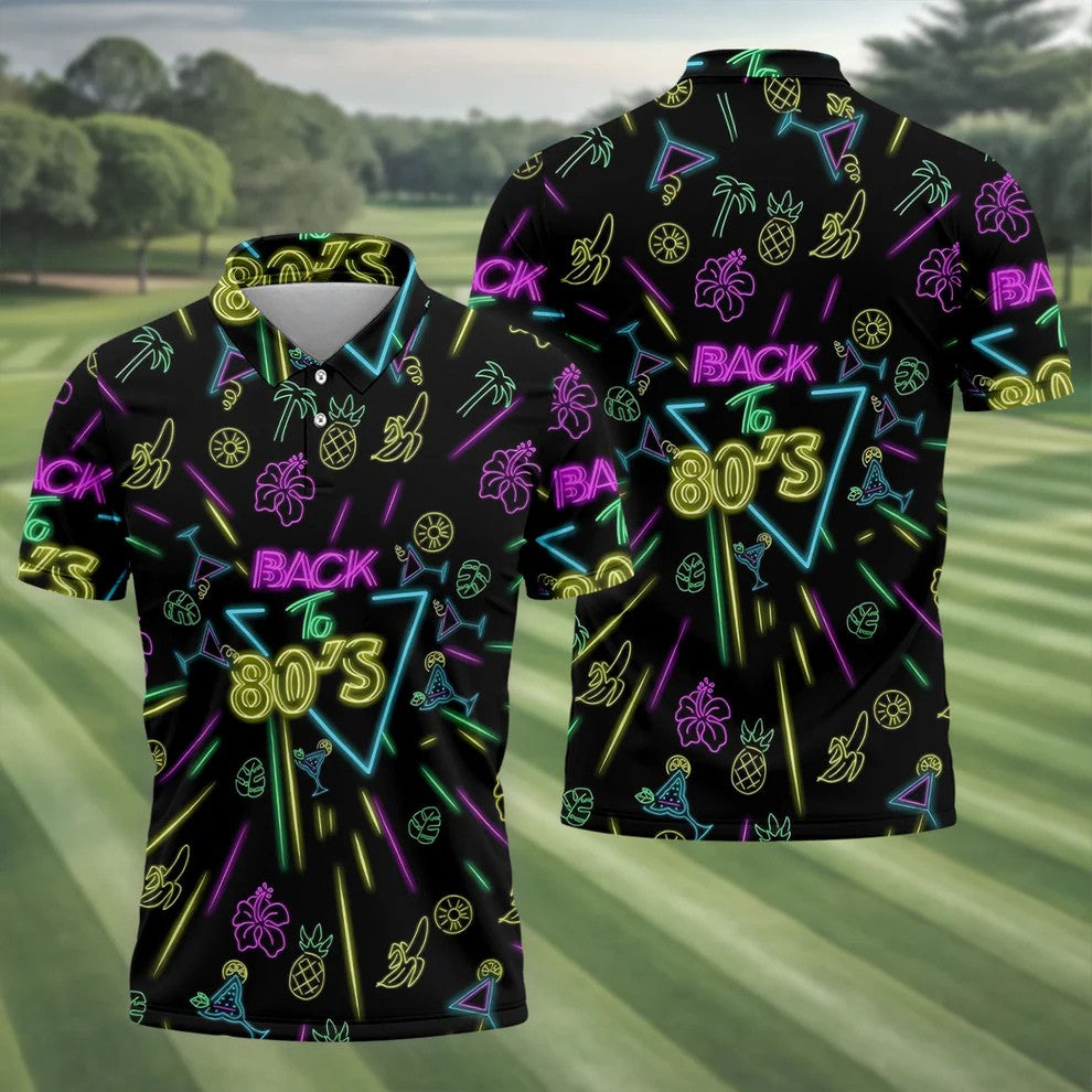 Back To 80's Neon Pattern Hawaiian Golf Shirt, Tropical Vibe Men's Funny Golf Shirts