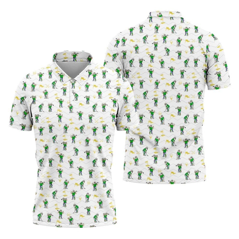 Funny Bearded Golfer Cartoon Pattern Polo Shirt, Mens Golf Polo, Polo Shirts For Men
