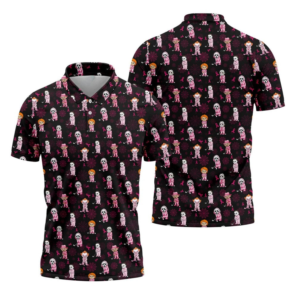 Black Halloween Horror Breast Cancer Polo Shirt, Men's Golf Shirt, Printed Golf Shirts