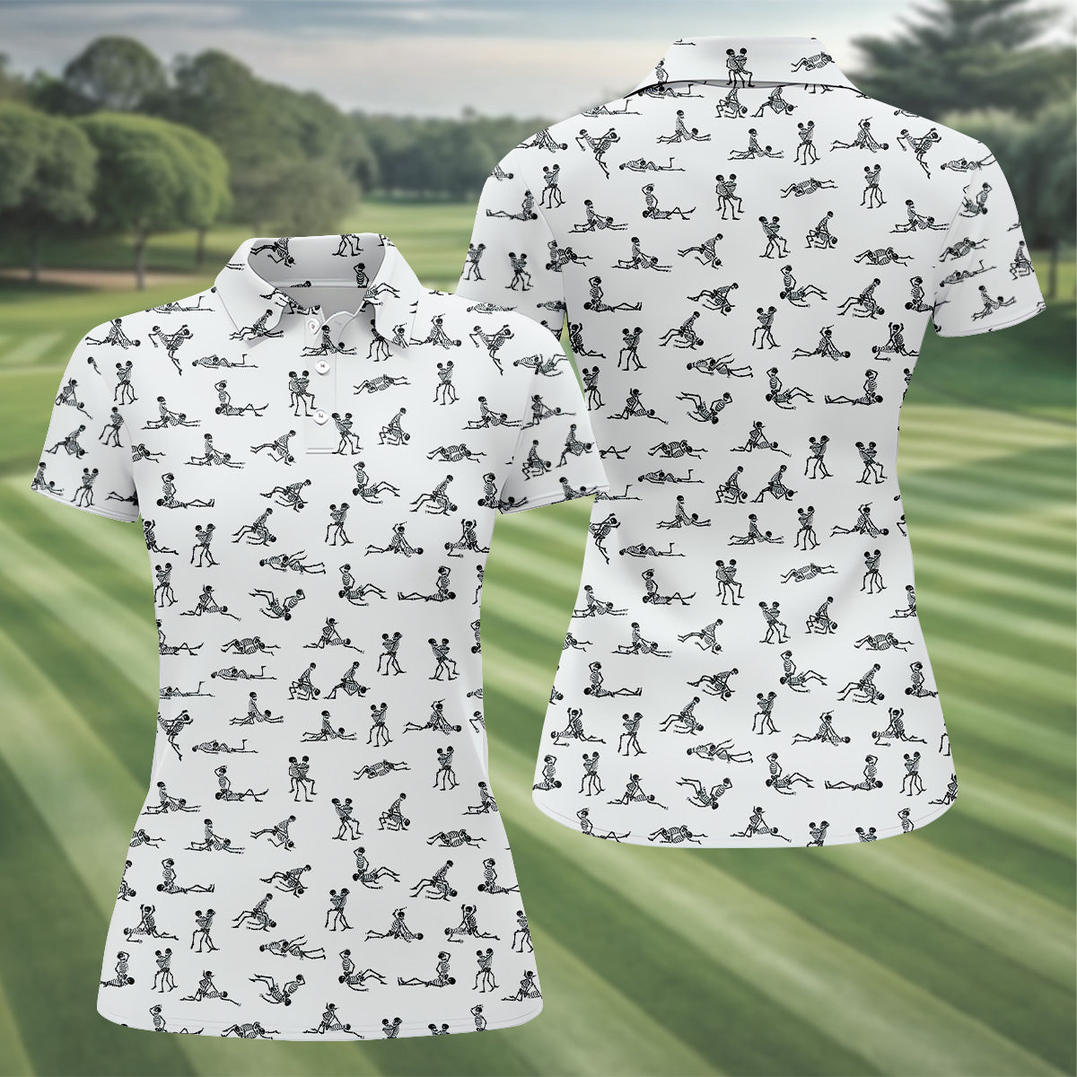 White Funny Skeleton Adult Position Golf Shirt, Halloween Gift Idea, Ladies Golf Shirts