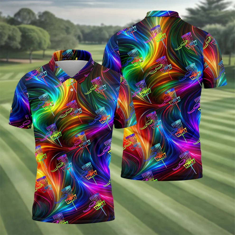 Colorful Disc Golf Basket Swirl Pattern Polo Shirt, Printed Golf Shirts, Hawaiian Golf Shirt, Mens Golf Apparel