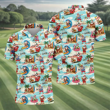 Funny Tropical Santa Beach Christmas Polo Shirt, Mens Golf Polo, Hawaiian Golf Shirt