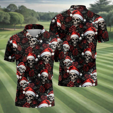 Vintage Skull And Roses Christmas Golf Shirt, Cool Golf Outfit, Polo Shirts For Men, Golf Shirts For Men