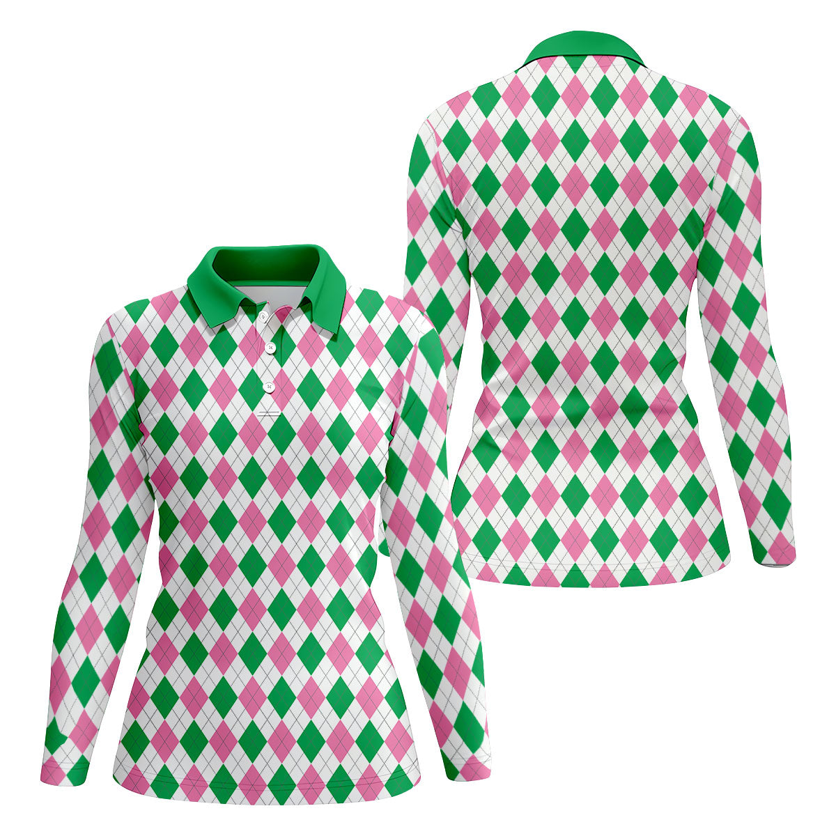 Green Pink Argyle Sleeveless Womens Golf Shirts, Ladies Pink Golf Shirt, Womens Golf Polo Shirts, Womens Golf Tops