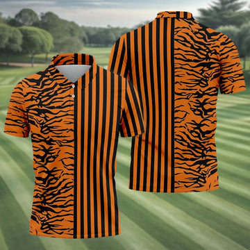 Orange Tiger Stripe Split Pattern Golf Shirt, Mens Golf Polo, Golf Apparel For Men, Golf Polo Shirts For Men