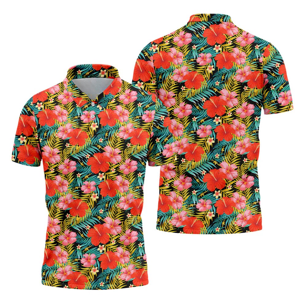 Red Hibicus Gold Palm Leaf Hawaiian Golf Shirt, Summer Theme Golf Shirts For Men