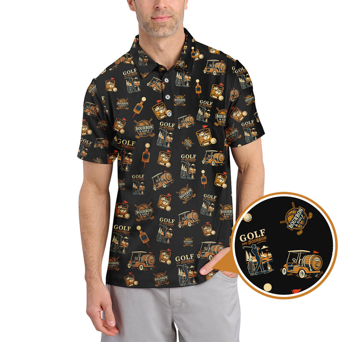 Funny Bourbon Pattern Polos, Golf and Bourbon Shirt for Men, Gift For Golfers