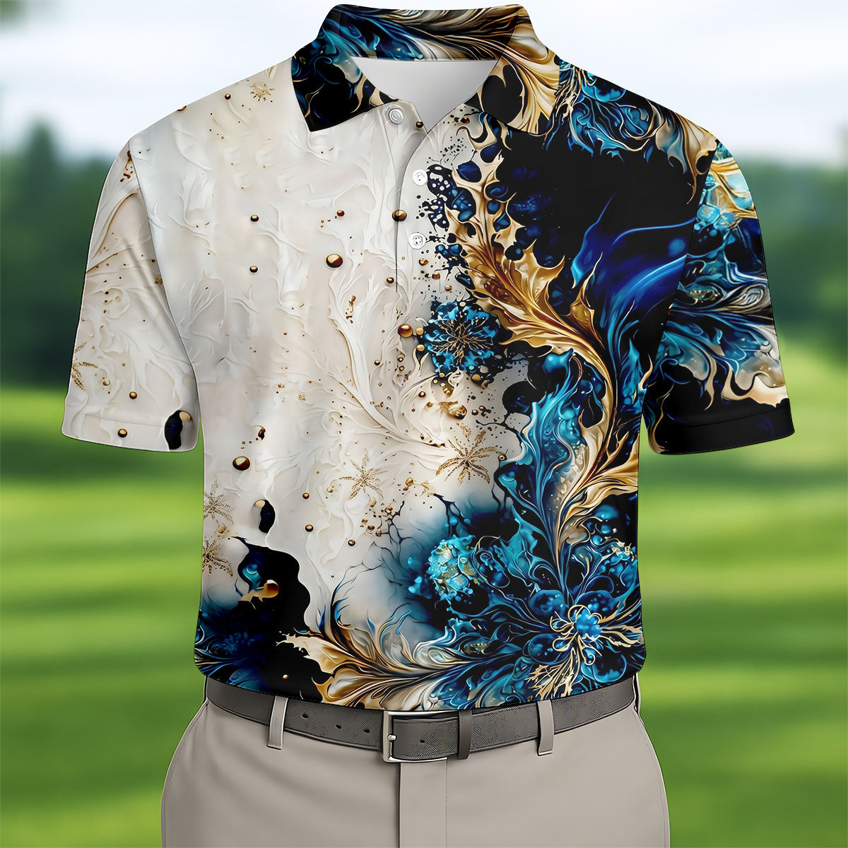 Metallic Flower Fractal Art Hawaiian Golf Shirt, Retro Golf Shirt, Polo Shirts For Men