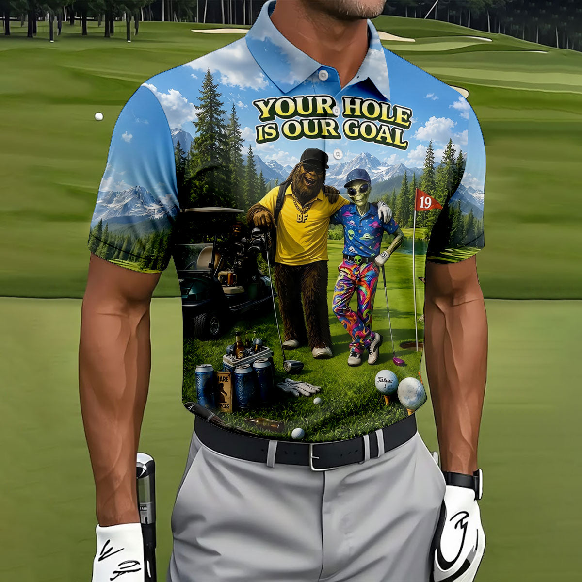 Your Hole Is Our Goal Funny Bigfoot Alien Golf Polo Shirt, Mens Golf Apparel, Golf Shirt