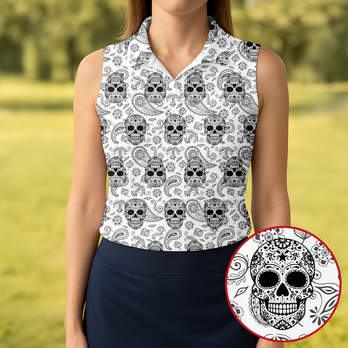 Sugar Skull Paisley Pattern Golf Polo Shirt, Ladies Golf Shirts, Women's Golf Apparel