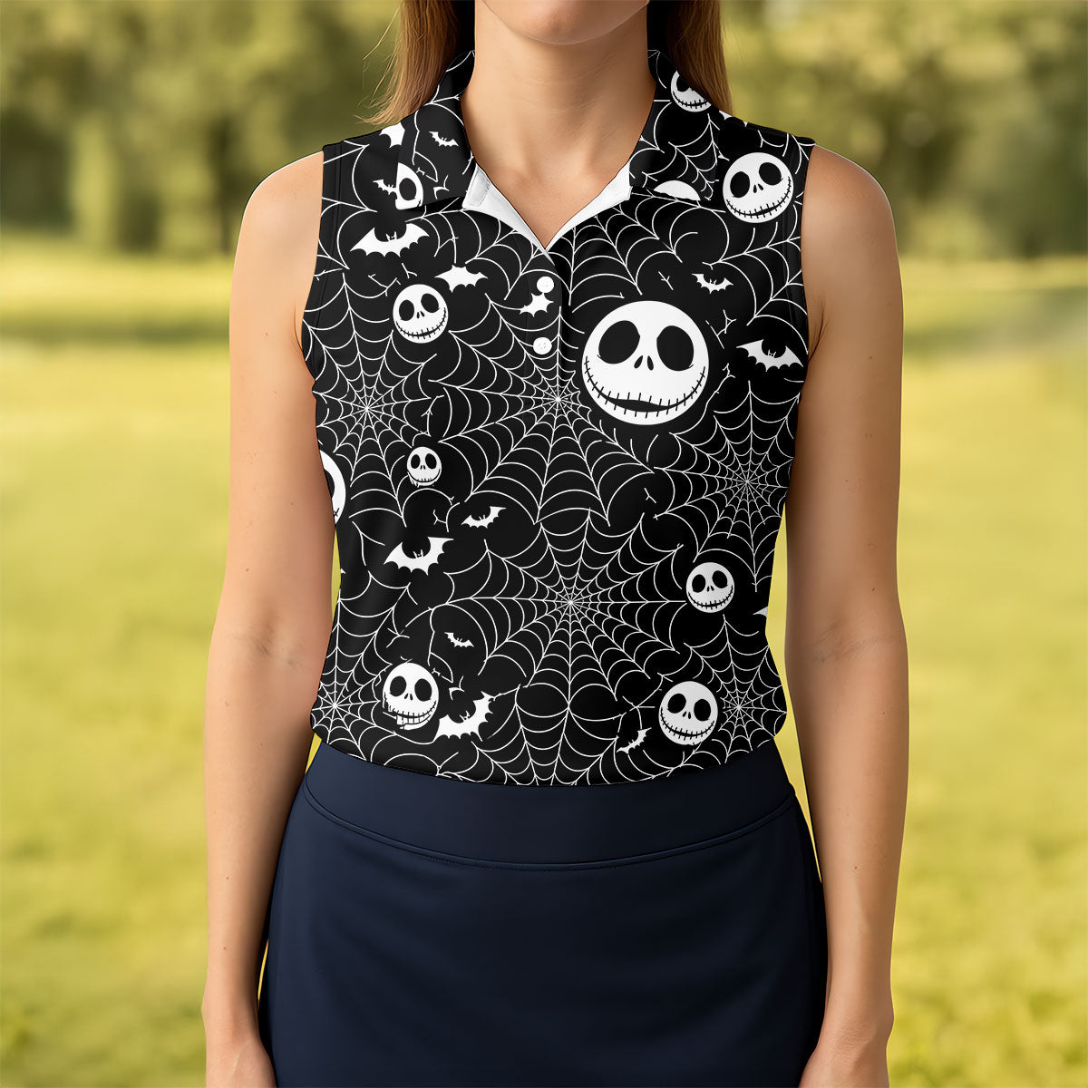 Black Horror Character Spider Web Pattern Golf Polo Shirt, Women's Golf Polo, Ladies Golf Shirts