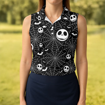 Black Horror Character Spider Web Pattern Golf Polo Shirt, Women's Golf Polo, Ladies Golf Shirts