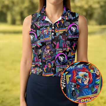 Retro Halloween Horror Character Hawaiian Golf Shirt, Women's Golf Tops, Golf Shirts For Women