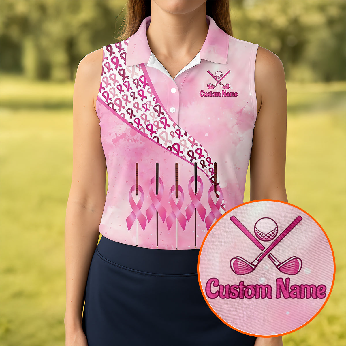 Custom Golf Club Breast Cancer Ribbon Polo Shirt, Womens Golf Tops, Ladies Golf Shirts